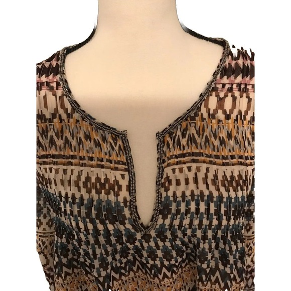 Ariat Aztec Print Sheer V-Neck Blouse with Beaded Neckline - Size Large - Picture 3 of 12